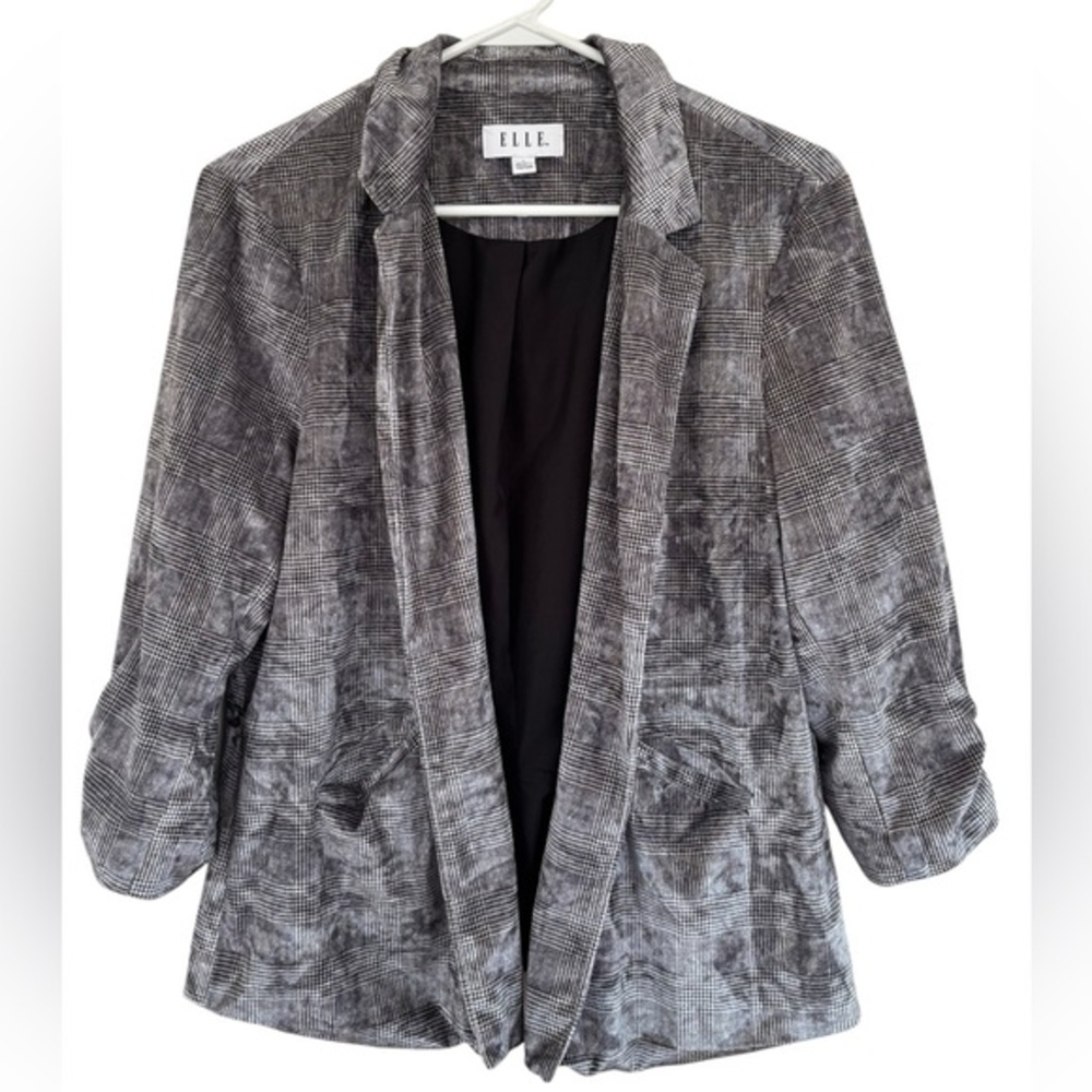 Elle Women's Black Gray Plaid Velour Plush Polyester Blazer Size Large‎